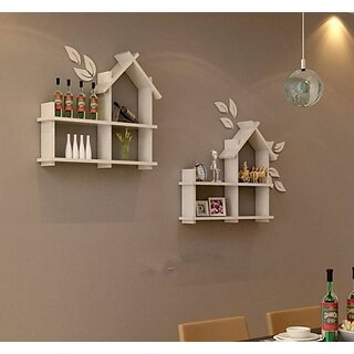 Onlinecrafts Wooden Wall Hut ( White ) Double Wooden Wall Shelf (Number Of Shelves - 8, White)