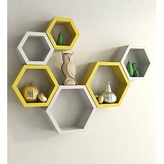 Onlinecraft Wooden Wall Decor Wooden Wall Shelf (Number Of Shelves - 6, White, Yellow, Multicolor)