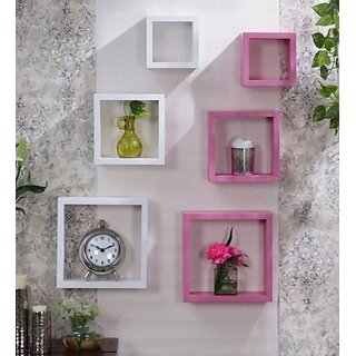 Onlinecraft Wooden Wall Rack Shelf Wooden Wall Shelf (Number Of Shelves - 6, White, Pink, Multicolor)
