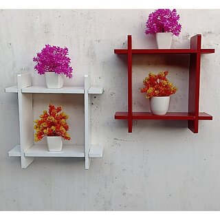 Onlinecraft Wall Rack Shelf Wooden Wall Shelf (Number Of Shelves - 4, White, Red)