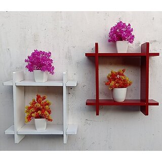 Onlinecraft Wooden Wall Shelf (Number Of Shelves - 4, White, Red)