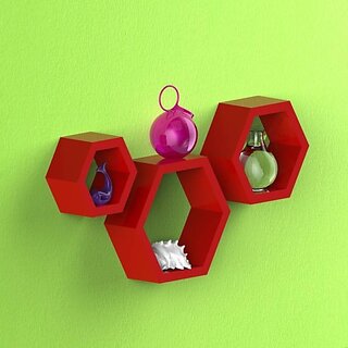 Onlinecrafts Wooden Wall Shelf Wooden Wall Shelf (Number Of Shelves - 3, Red)