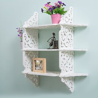 Onlinecrafts Wooden Wall Shelf ( White ) Jali Tyre Rack Wooden Wall Shelf (Number Of Shelves - 9, White)
