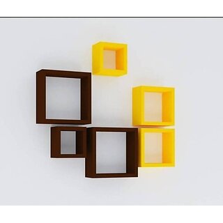 Onlinecraft Wooden Wall Shelf Wooden Wall Shelf (Number Of Shelves - 6, Yellow, Brown, Multicolor)