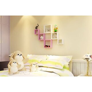 Onlinecrafts Wooden Wall Shelf Wooden Wall Shelf (Number Of Shelves - 6, White, Pink)