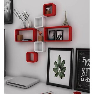 Onlinecraft Rack Shelf Wooden Wall Shelf (Number Of Shelves - 6, Red, White, Multicolor)