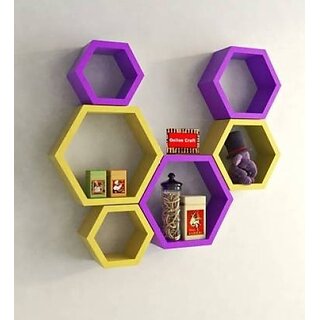 Onlinecraft Wooden Hexon Shelf Set Of 6 Yellow Purple Wooden Wall Shelf (Number Of Shelves - 6, Purple, Yellow)