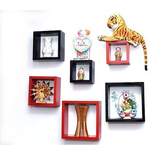 Onlinecrafts Wooden Wall Shelf Wooden Wall Shelf (Number Of Shelves - 6, Black, Red)