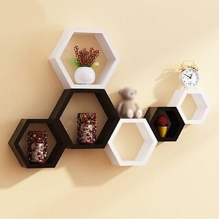 Onlinecrafts Wooden Wall Shelf Wooden Wall Shelf (Number Of Shelves - 6, Black, White)