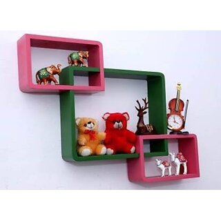 Onlinecraft Ch2737 Wooden Wall Shelf 3 Attach (Pink, Green) Wooden Wall Shelf (Number Of Shelves - 3, Pink, Green)
