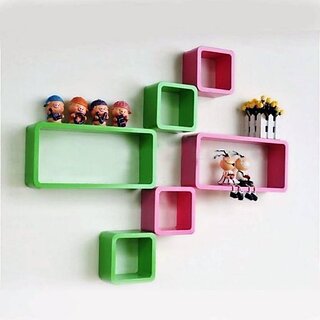 Onlinecraft Office Wall Decor Wooden Wall Shelf (Number Of Shelves - 6, Green, Pink, Multicolor)