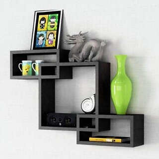 Onlinecraft Wooden Wall Shelf Wooden Wall Shelf (Number Of Shelves - 3, Black)