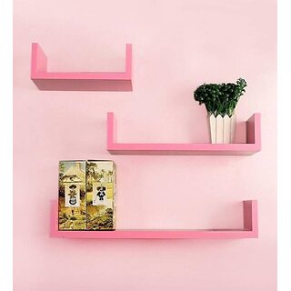 Onlinecrafts Wooden Wall Shelf Wooden Wall Shelf (Number Of Shelves - 3, Pink)