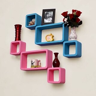 Onlinecraft Shelf 6 Ka Set ( Pink + Blue ) Wooden Wall Shelf (Number Of Shelves - 6, Multicolor)