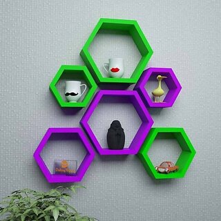 Onlinecraft Room Wall Decor Wooden Wall Shelf (Number Of Shelves - 6, Green, Purple, Multicolor)