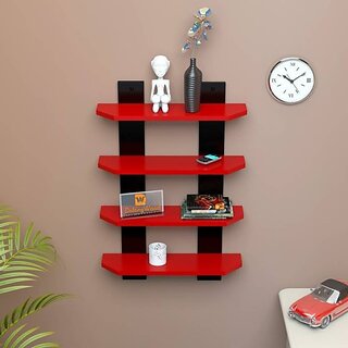 Onlinecrafts Wooden Wall Shelf Wooden Wall Shelf (Number Of Shelves - 4, Black, Red)