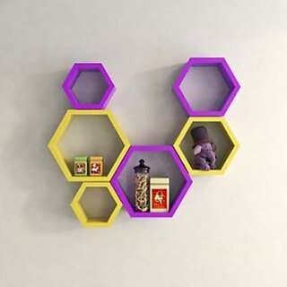 Onlinecrafts Wooden Wall Self Wooden Wall Shelf (Number Of Shelves - 6, Yellow, Purple)