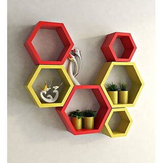 Onlinecraft Room Wall Decor Wooden Wall Shelf (Number Of Shelves - 6, Red, Yellow)
