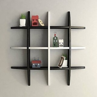 Onlinecrafts Wooden Wall Shelf Wooden Wall Shelf (Number Of Shelves - 12, White, Black)
