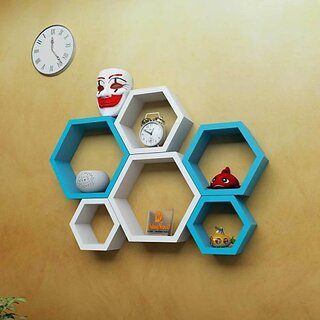 Onlinecraft Wooden Wall Shelf Wooden Wall Shelf (Number Of Shelves - 6, White, Blue)