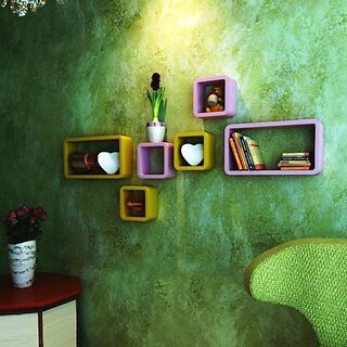 Onlinecrafts Wooden Wall Shelf Wooden Wall Shelf (Number Of Shelves - 6, Yellow, Pink)