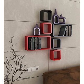 Onlinecrafts Wooden Wall Shelf Wooden Wall Shelf (Number Of Shelves - 6, Black, Red)