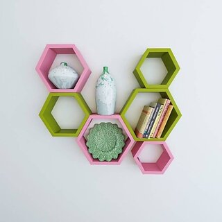 Onlinecrafts Wooden Wall Shelf Wooden Wall Shelf (Number Of Shelves - 6, Pink, Green)