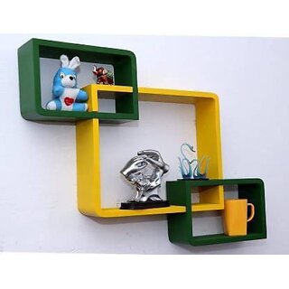 Onlinecraft Attach ( Green, Yellow) Single Wall Shelf Wooden Wall Shelf (Number Of Shelves - 3, Green, Yellow)