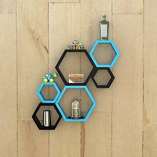 Onlinecraft Ch430 Wooden Wall Shelf 6 Ka Set Hexon ( Black ,Blue) Wooden Wall Shelf (Number Of Shelves - 6, Black, Blue)