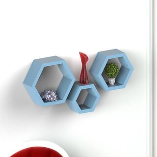 Onlinecraft Wooden Wall Shelf Wooden Wall Shelf (Number Of Shelves - 3, Blue)