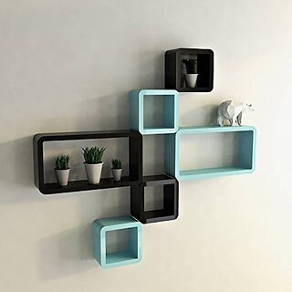 Onlinecraft Wooden Wall Shelf Wooden Wall Shelf (Number Of Shelves - 6, Black, Blue)