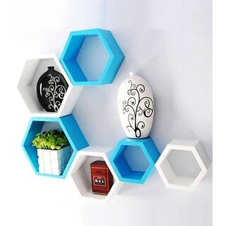 Onlinecraft Ch416 Wooden Wall Shelf 6 Ka Hexon ( Blue, White) Wooden Wall Shelf (Number Of Shelves - 6, Blue, White)