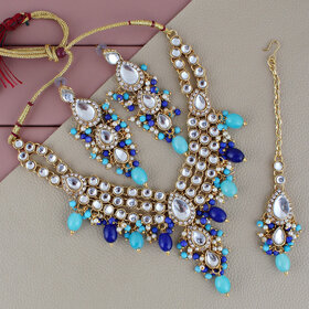 Lucky Jewellery Gold Plated Firoji Blue Color Tika Earring Necklace Combo Kundan Jewellery Set (726-MSK-3-LINE-FB)