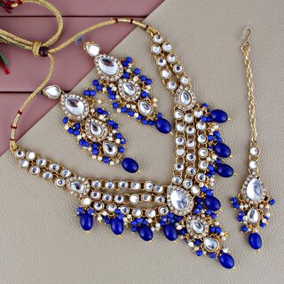 Lucky Jewellery Gold Plated White Blue Color Tika Earring Necklace Combo Kundan Jewellery Set (726-MSK-3-LINE-B)