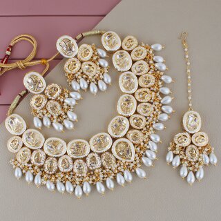 LUCKY JEWELLERY Back Meenakari Gold Plated White Color Tika, Earring Kundan Choker Necklace Set (2185-J5SK-1815-W)