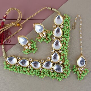 LUCKY JEWELLERY Back Meenakari Gold Plated Light Green Tika, Earring Kundan Choker Necklace Set (1122-J5SK-1698-LG)