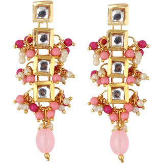 Lucky Jewellery Traditional Back Meenkari Gold Plated uncut kundan Magenta Pink Earrings (195-J5EK-1664-PKR)