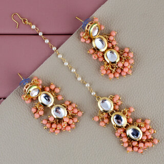 LUCKY JEWELLERY Designer Back Meena Gold Plated Kundan Peach Tika Earring Set for Girls  women (319-J5E2K-1811-PH)
