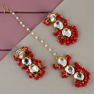 LUCKY JEWELLERY Designer Back Meena Gold Plated Kundan Red Tika Earring Set for Girls  women (319-J5E2K-1811-RED)