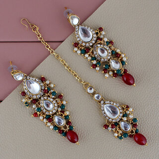 LUCKY JEWELLERY Designer Gold Plated Kundan Maroon Green Color Tika Earring Set for Girls  women (320-ME2K-1812-MG)