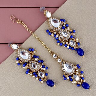 LUCKY JEWELLERY Designer Gold Plated Kundan Blue Color Tika Earring Set for Girls  women (320-ME2K-1812-B)