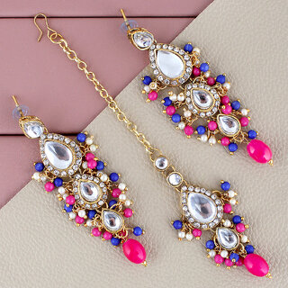 LUCKY JEWELLERY Designer Gold Plated Kundan Magenta Blue Color Tika Earring Set for Girls  women (320-ME2K-1812-RB)