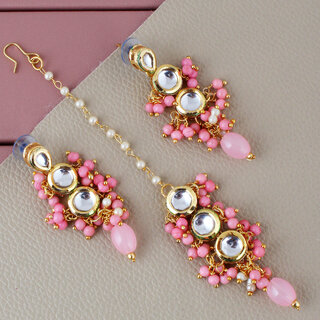 LUCKY JEWELLERY Designer Back Meena Gold Plated Kundan Pink Color Tika Earring Set for Girls  women (293-J5E2K-1810-PK)