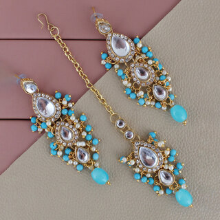 LUCKY JEWELLERY Designer Gold Plated Kundan Firoji Tika Earring Set for Girls  women (320-ME2K-1812-F)
