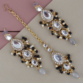 LUCKY JEWELLERY Designer Gold Plated Kundan Grey Color Tika Earring Set for Girls  women (320-ME2K-1812-GR)