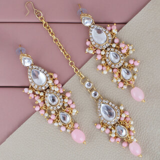 LUCKY JEWELLERY Designer Gold Plated Kundan Pink Color Tika Earring Set for Girls  women (320-ME2K-1812-PK)