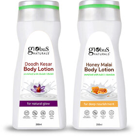 Globus Naturals Body Lotion Combo Set of 2 - Honey Malai 200ml, Doodh Kesar 200ml, For All Skin Types