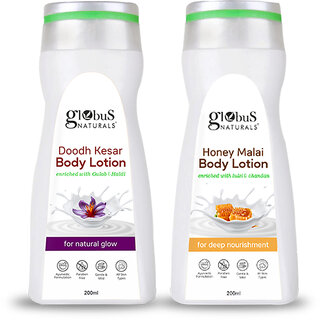 Globus Naturals Body Lotion Combo Set of 2 - Honey Malai 200ml, Doodh Kesar 200ml, For All Skin Types