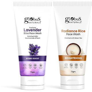 Globus Naturals Face Wash Combo- Hydro Boost Lavender & Skin Brightening Radiance Rice, Face Wash Set of 2, 75gm
