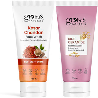 Globus Naturals Skin Lightening Face Wash Combo- Kesar Chandan Face Wash & Rice Ceramide Face Wash, 75gm